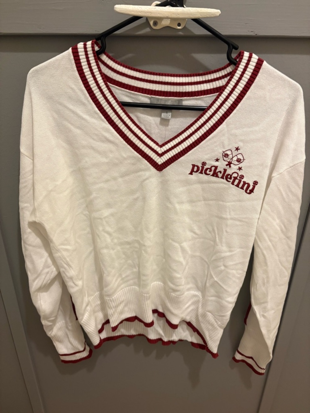 Pickletini White V-Neck Sweater with Red Trim